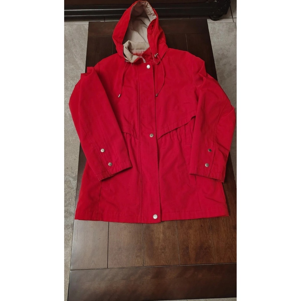 Liz Claiborne Womens Red Hooded Rain Jacket Plaid Lined Utility Parka Coat Small
